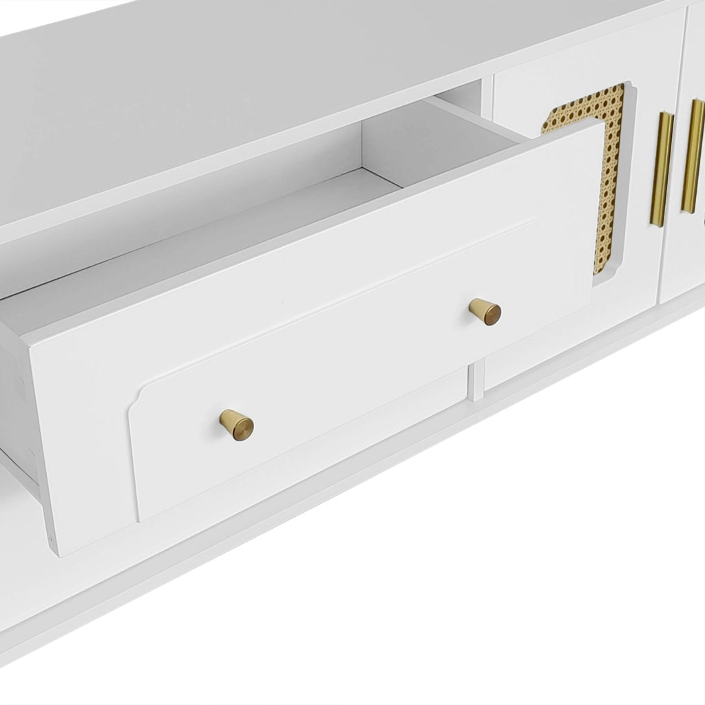 Mobile TV 175x38x55.5 cm; ante in PVC effetto rattan e cassetti push-to-open; truciolare bianco