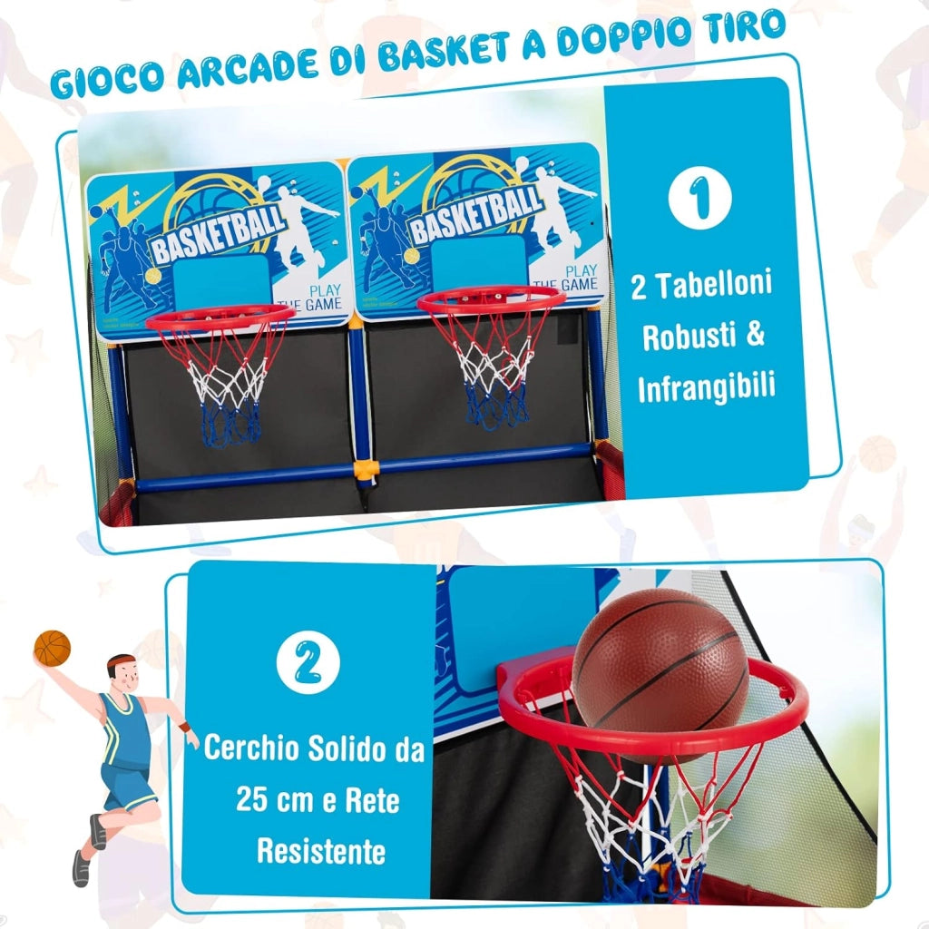 Canestro Basket da Camera per Bambini, Gioco Pallacanestro a Doppio Tiro con 4 Palline e Pompa di Gonfiaggio, Ideale per Sala Giochi e Cortile e Cameretta, 90 x 90 x 140 cm
