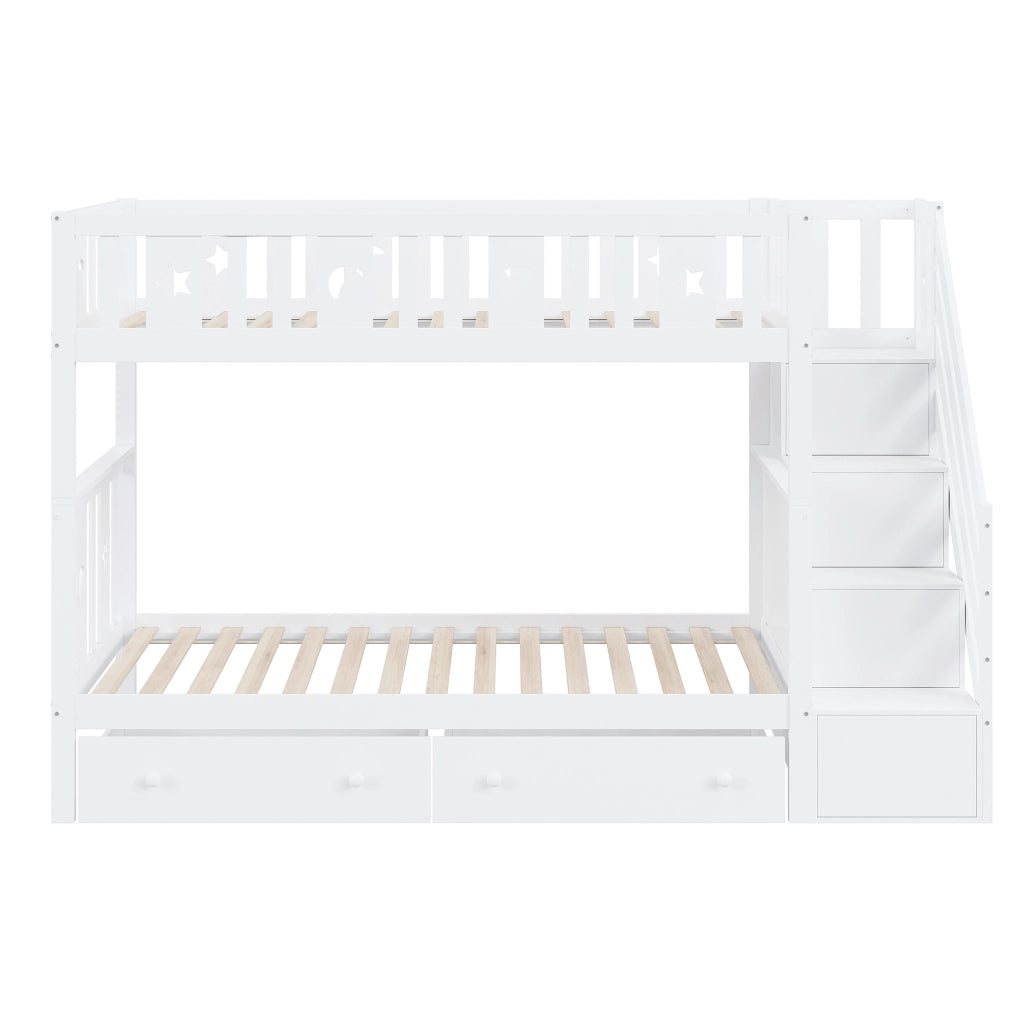 Letto a castello per bambini 90x200 cm con scala contenitore e 2 cassetti bianco