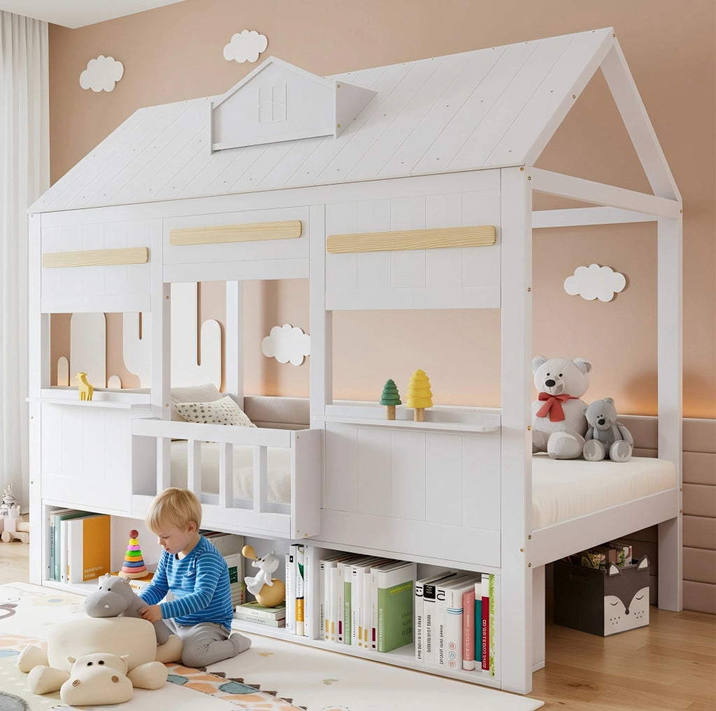 Letto a soppalco per bambini bianco con libreria 90x200 cm