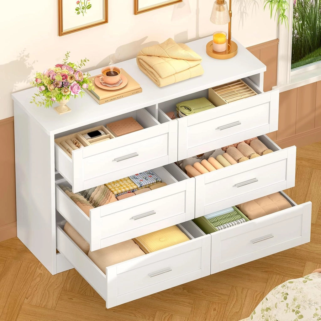 Cassettiera Camera da Letto, Settimino con 6 Cassetti - Comò Bianco Moderno e Salvaspazio, Ideale per Soggiorno e Ingresso, 107x35x75.5 cm