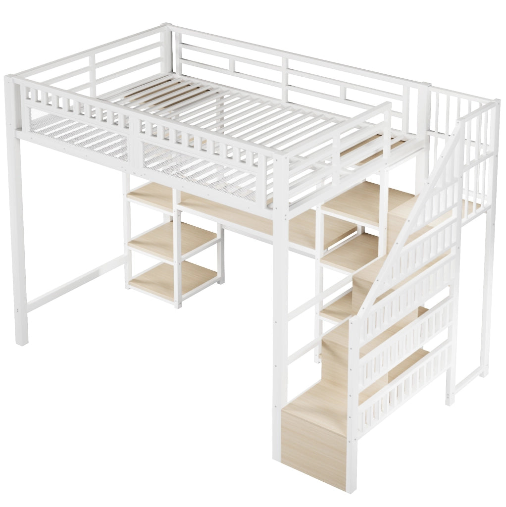 Letto a soppalco 140x200 cm con scrivania; scala contenitore; LED e USB; metallo e MDF; bianco