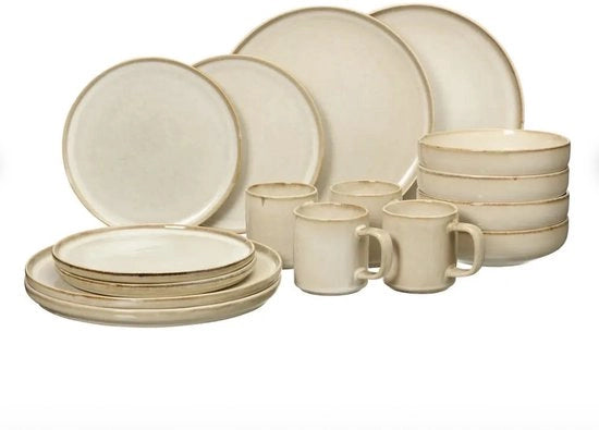 Set da Cucina per 4 Persone in Ceramica, 16 pezzi, colore Sabbia, con Tazze, Piatti per Colazione, Piatti per Pranzo e Bicchieri, Magnetron e Lavastoviglie Resistenti