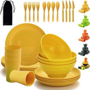 Serviesset in plastica, 28 pezzi, riutilizzabile, indeformabile, set di piatti leggeri, bicchieri, ciotole, servizio da campeggio, facile da trasportare e da pulire, resistente al lavastoviglie, sicuro per 4 persone