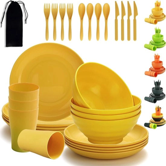 Serviesset in plastica, 28 pezzi, riutilizzabile, indeformabile, set di piatti leggeri, bicchieri, ciotole, servizio da campeggio, facile da trasportare e da pulire, resistente al lavastoviglie, sicuro per 4 persone