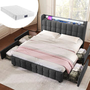Letto matrimoniale 140x200 cm grigio con LED, prese USB, 4 cassetti e materasso H3
