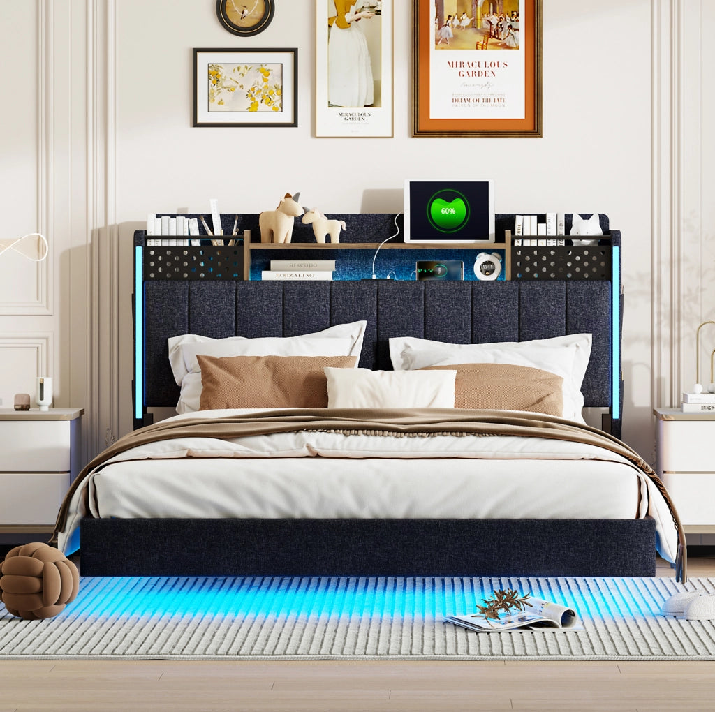 Letto matrimoniale imbottito 140x200 cm con LED; porta USB e contenitore; grigio