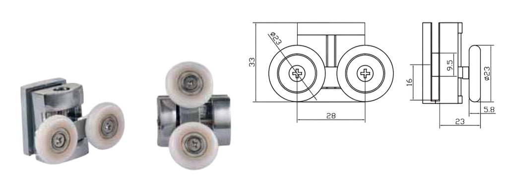 Coppia Cuscinetti Doppia Ruota Attacco Superiore Metallo Cromato Box Doccia – Ø23 mm – Foro 11 mm