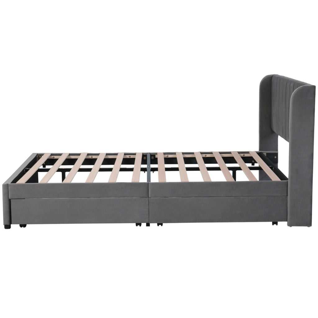 Letto imbottito 140x200 cm con testiera alta e 2 cassetti; velluto grigio (Senza materasso)