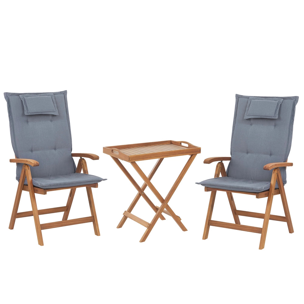 Set da bistrot da giardino Tavolo in legno di acacia 2 sedie con cuscini blu resistente ai raggi UV pieghevole