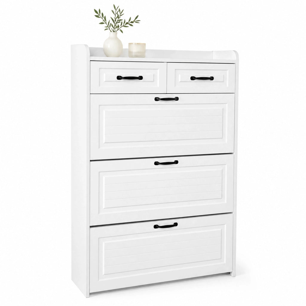 Scarpiera moderna bianca con 3 vani ribaltabili e cassetti; 80x23;5x131 cm