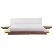 Letto LED in stile giapponese in frassino marrone 180 x 200 cm testata in legno impiallacciato MDF testata in pelliccia sintetica