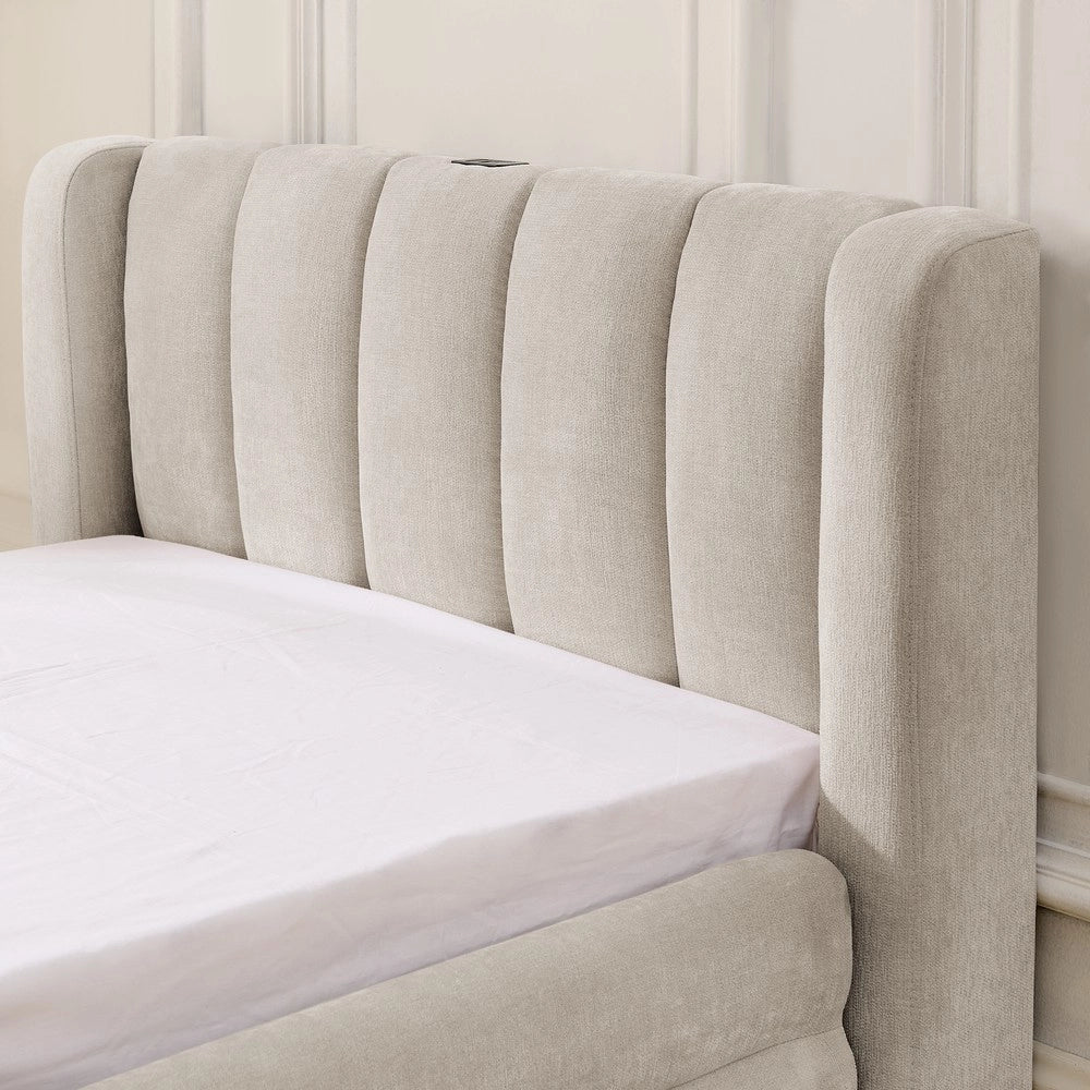 Letto Singolo con Contenitore USB ¨C MINIMAL ¨C Tessuto Chenille Beige 90x200