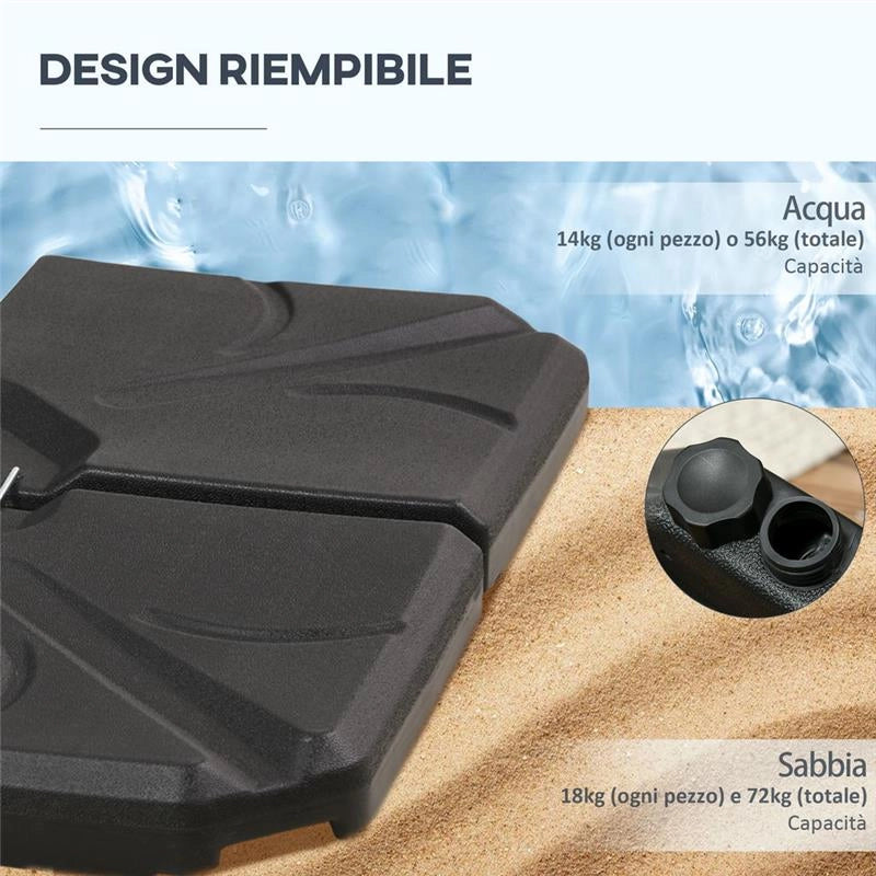BASE PER OMBRELLONE IN HDPE DA 4 PEZZI, RIEMPIBILI CON ACQUA E SABBIA MAX 18KG, 103X103X8.3 CM, NERO