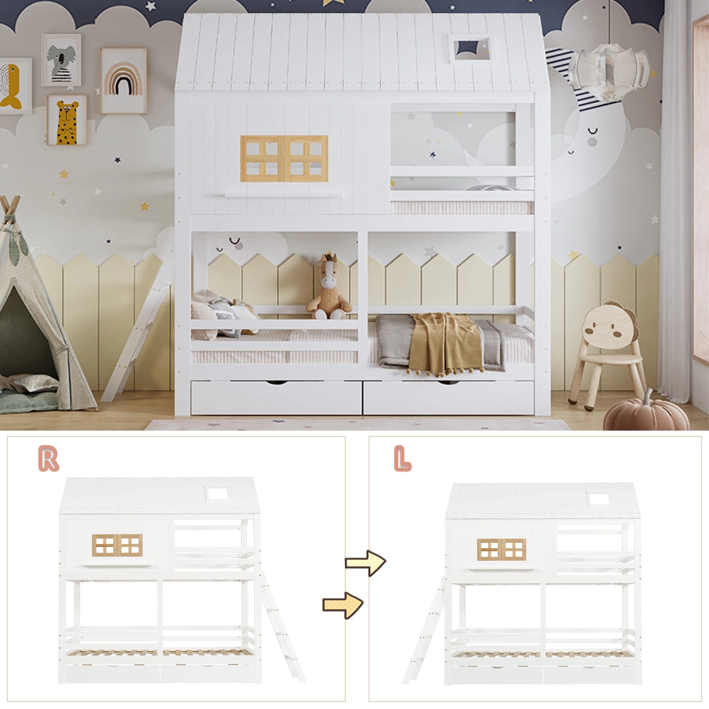 Letto a Castello 90x200 cm - con 2 Cassetti; Finestre e Tetto - Bianco Naturale