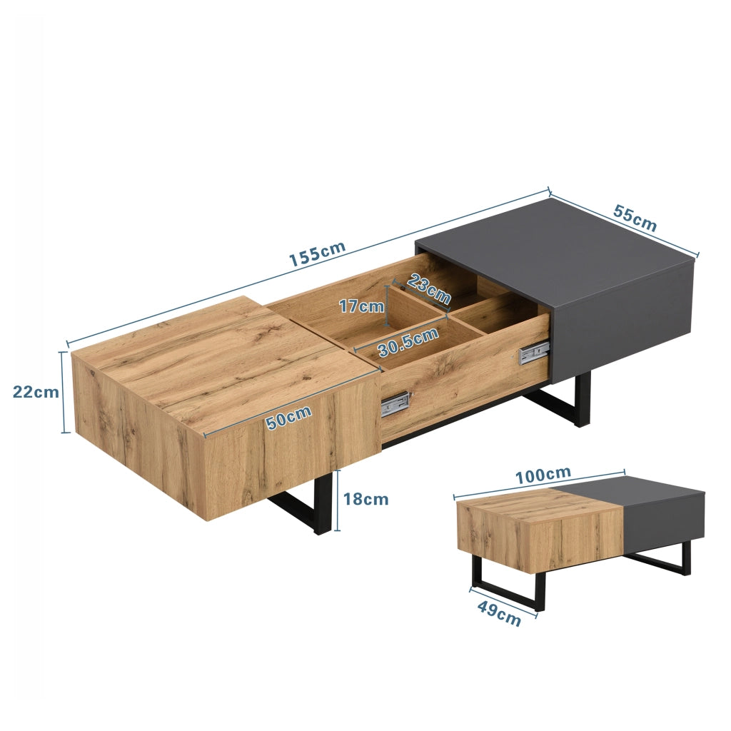 Tavolino da salotto alzabile con vano nascosto e scomparti scorrevoli per soggiorno in truciolato 100 × 40 × 55 cm Naturale