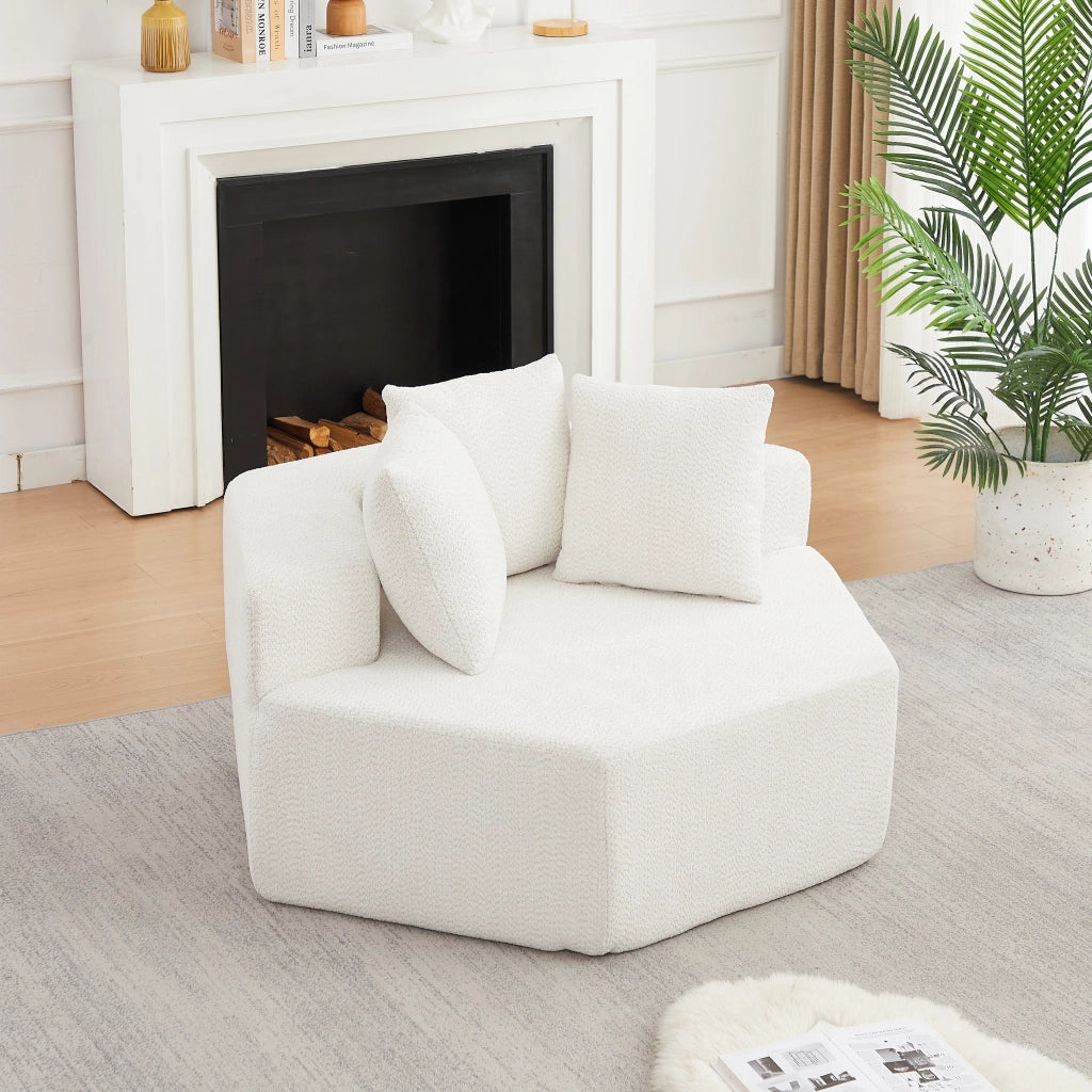 Fauteuil modulare esagonale in chenille con tre cuscini e base antiscivolo, beige per composizioni versatili