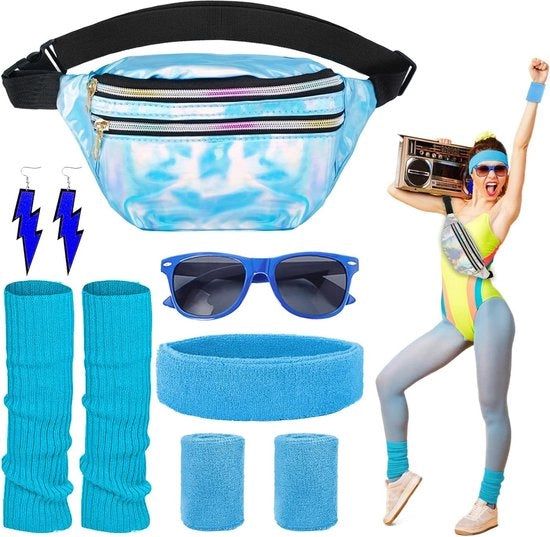 Costume da donna con accessori anni '80-'90 - cintura - occhiali - cuffia - protezioni polsiere - calze per gambe - orecchini