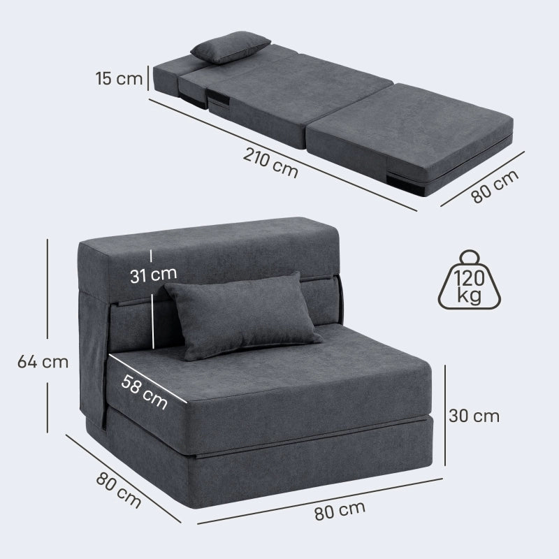 Fauteuil convertible 3 in 1 pieghevole con cuscino aggiuntivo e funzione letto in schiuma grigio scuro