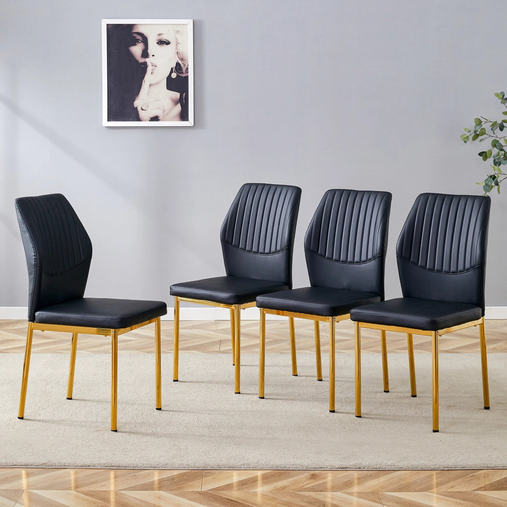 Sedie da pranzo moderne, 4 pezzi in PU nero con schienale a coste e gambe in metallo dorato, per sala da pranzo e soggiorno
