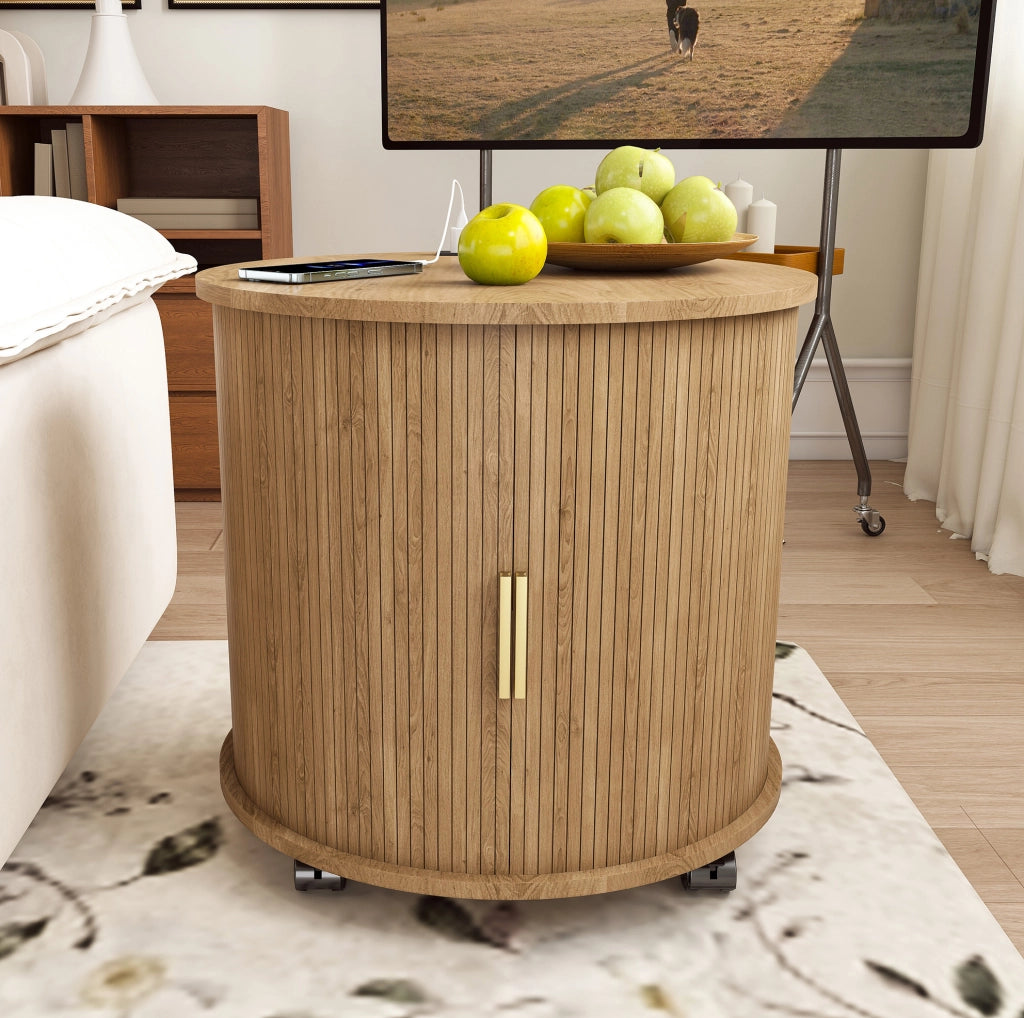 Comodino rotondo con ricarica USB e presa, anta scorrevole, effetto rovere HAVRYA