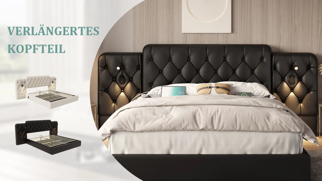 DESMIU Letto contenitore 160 × 200 cm 2 posti con USB, lampade da lettura e sollevamento idraulico, senza materasso, nero