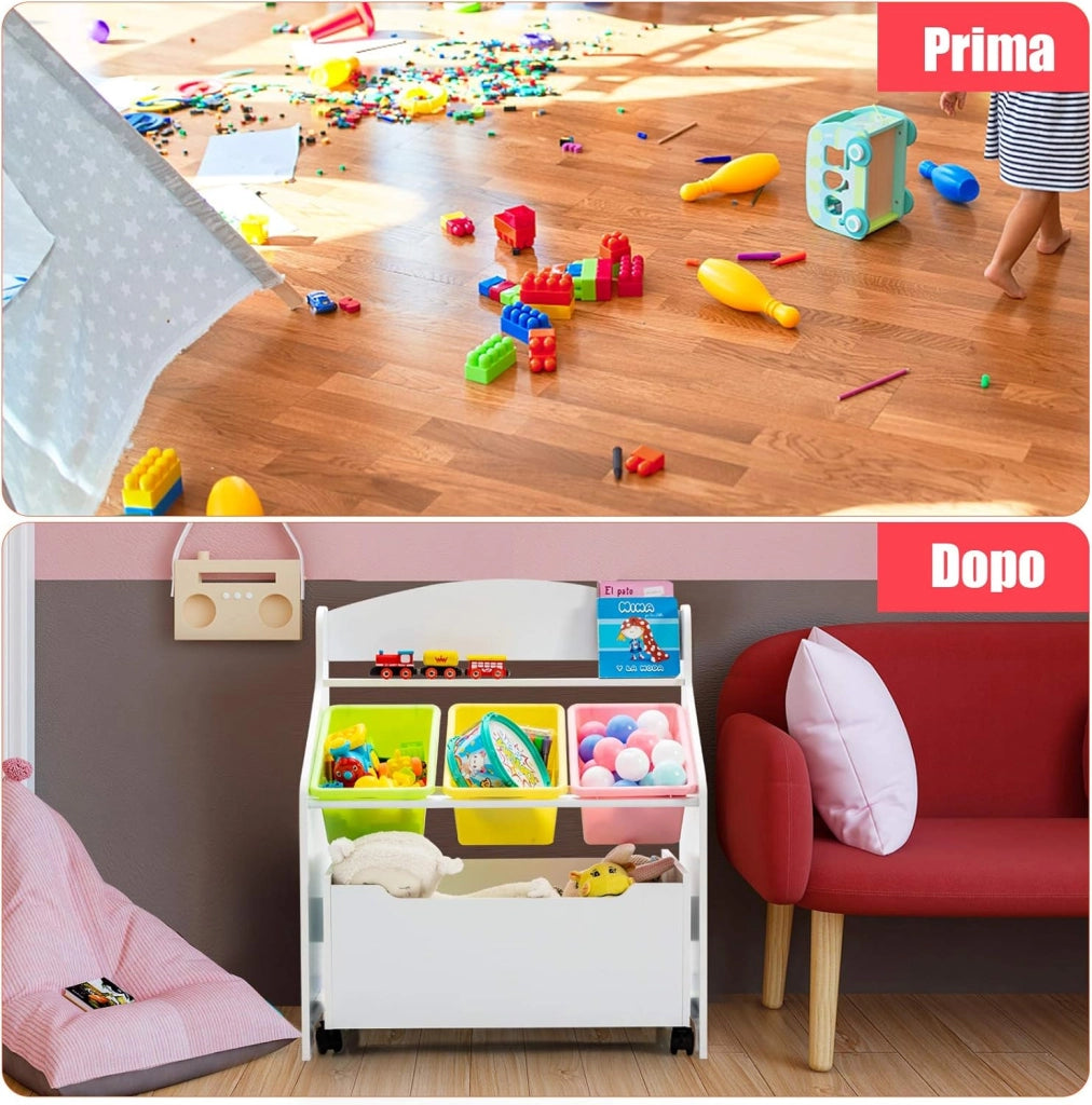Scaffale Libreria per Bambini, Mobile Portalibri con Contenitori e Cassetti, 76 x 38 x 63,5 cm (Bianco)