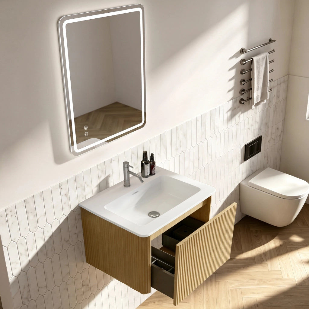Mobile bagno con specchio; lavabo integrato e cassetto; LED regolabile antiappannamento; sospeso; in MDF rovere