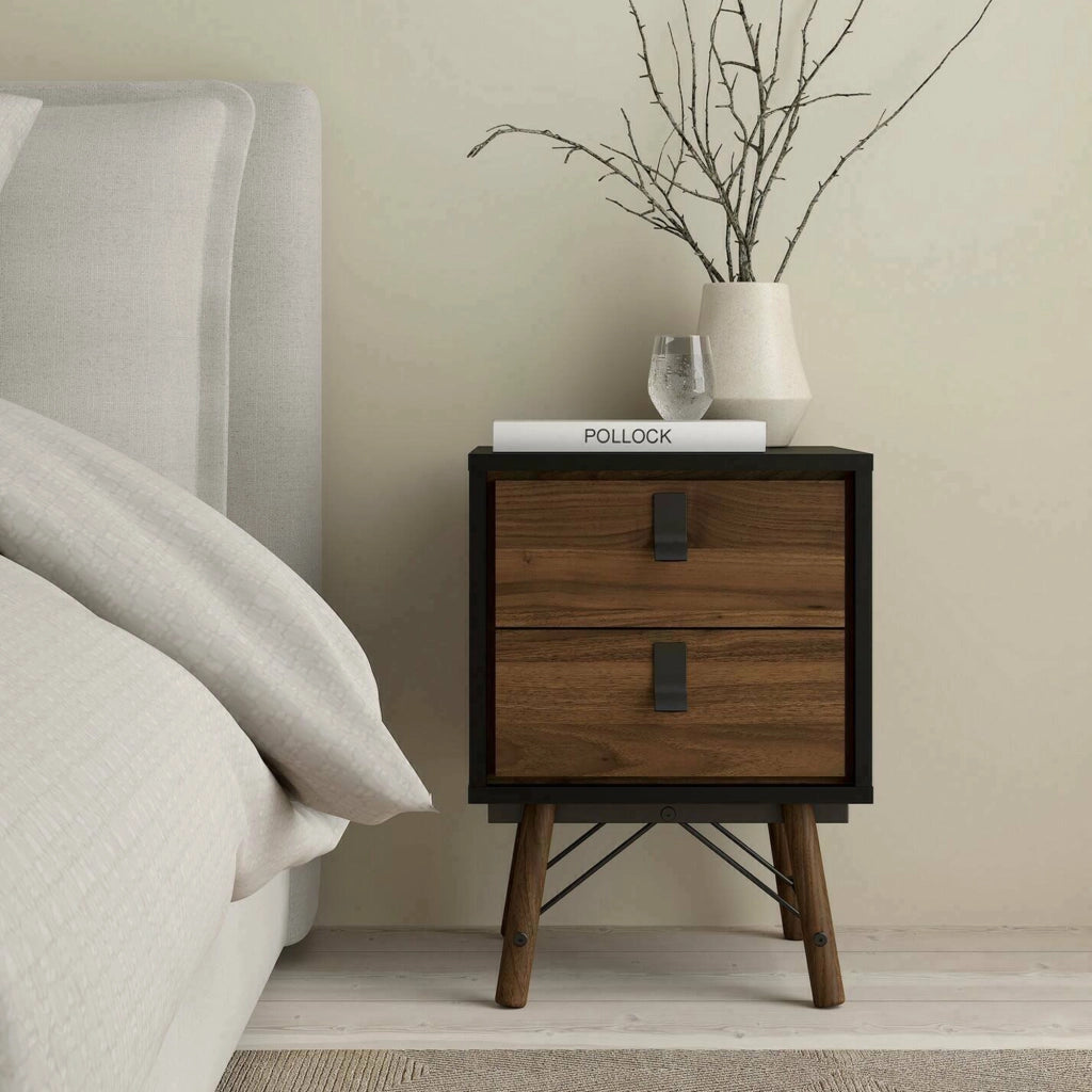 Comodino Jean, Comò basso, Tavolino da notte, Mensola da letto, 43x40 h60 cm, Nero e Noce