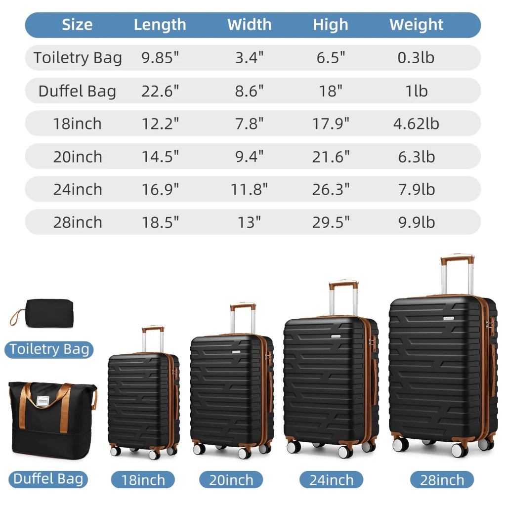 Set Valigie 6 Pezzi con Borse da Viaggio, Trolley Rigidi Espandibili con Ruote Girevoli, Nero