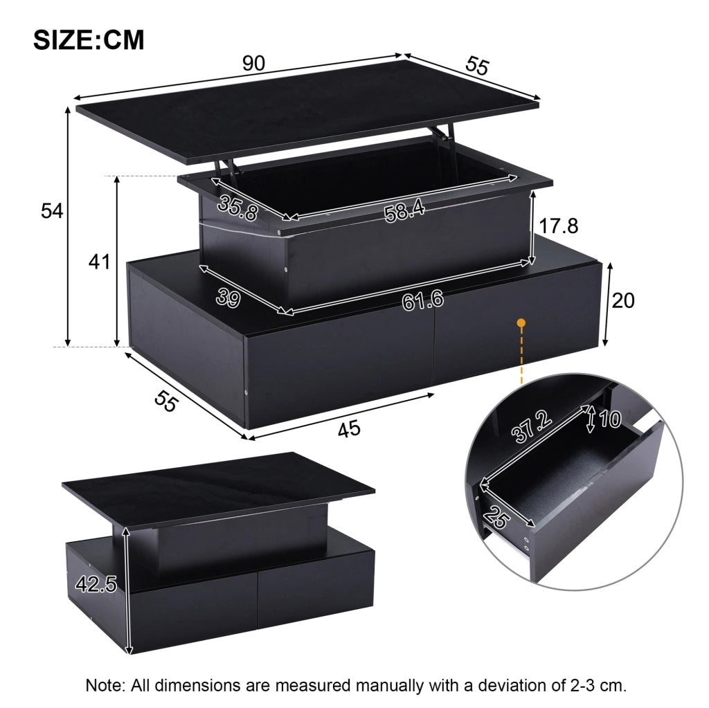Tavolino da caff猫 90x55x41 cm; con LED e piano estraibile; truciolato; nero lucido
