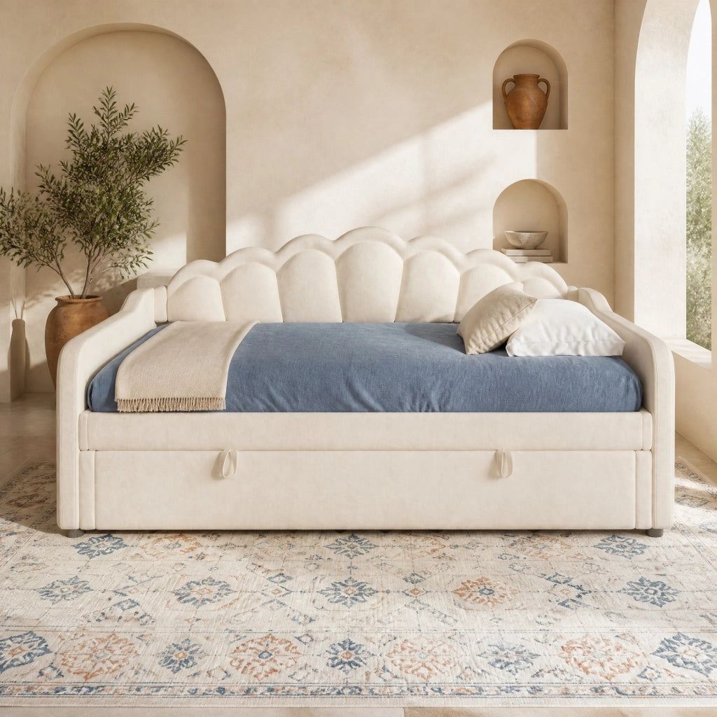 Divano letto singolo 90x200 cm in velluto con contenitore idraulico e LED, beige