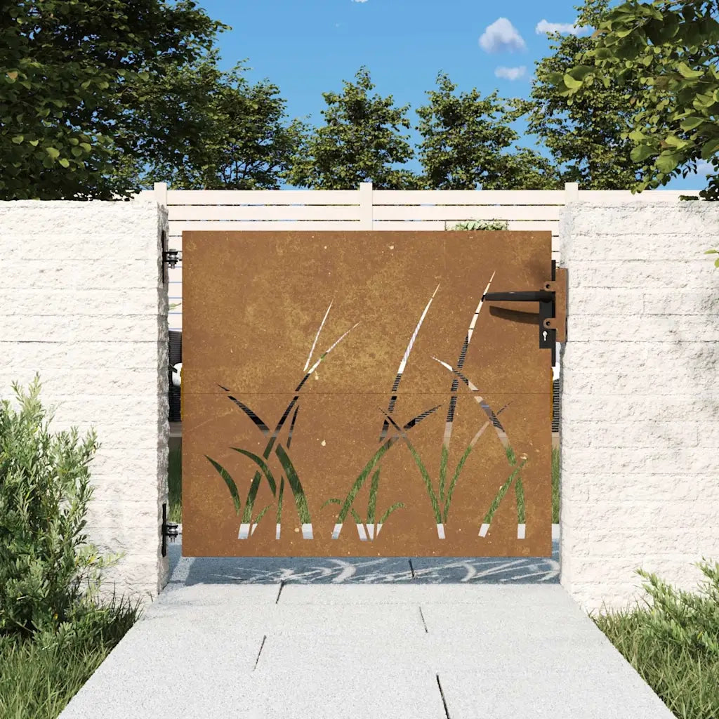 Cancello da giardino 85x100 cm in acciaio Corten con design erba 153221