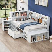 Letto per bambini 90x200 cm con cassetti, libreria e armadietto, con rete a doghe, bianco, senza materasso