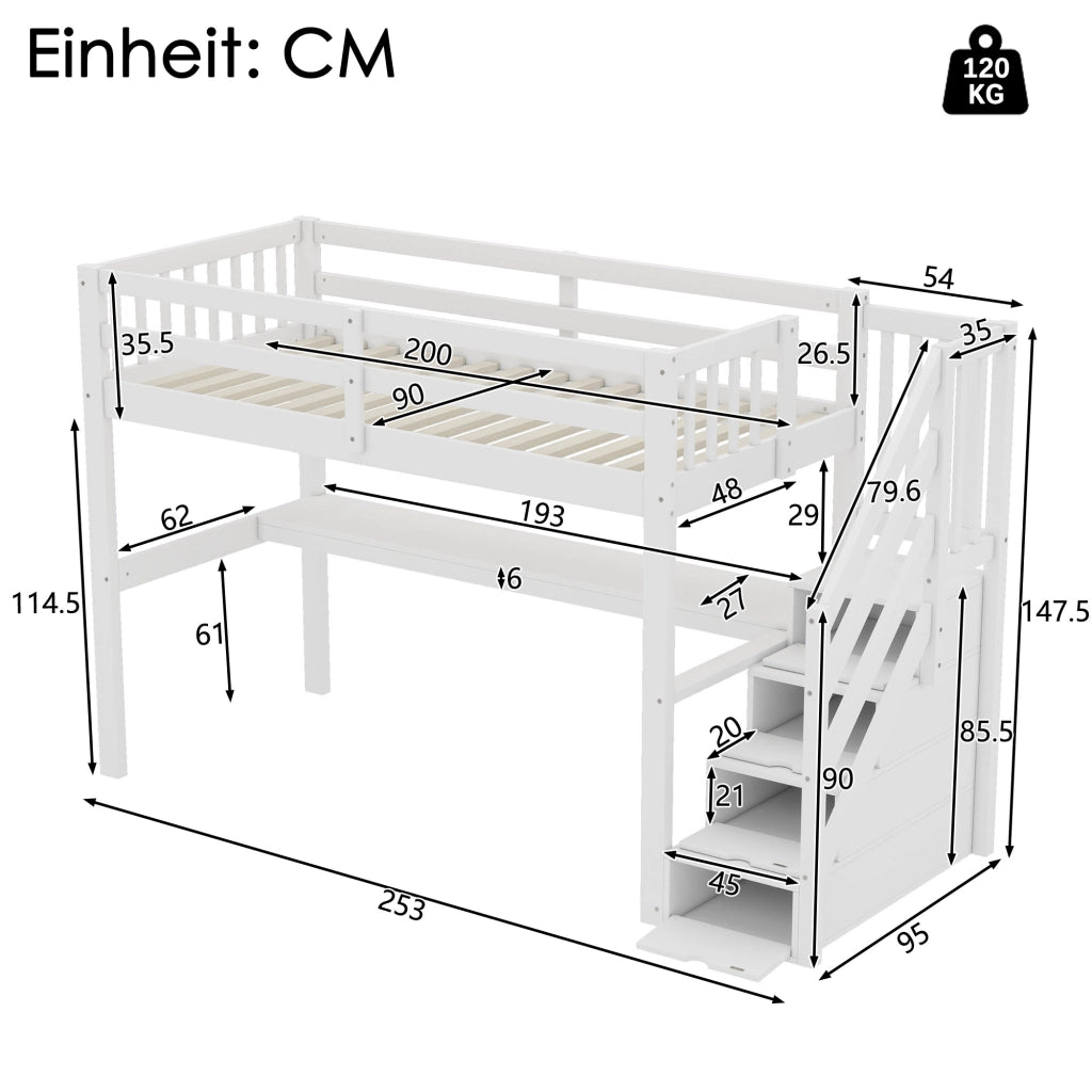 OKWISH Letto a Soppalco 90×200 cm, Letto Singolo con Scrivania, Cassetti Contenitore e Mensole, senza Materasso, in Pino, Bianco