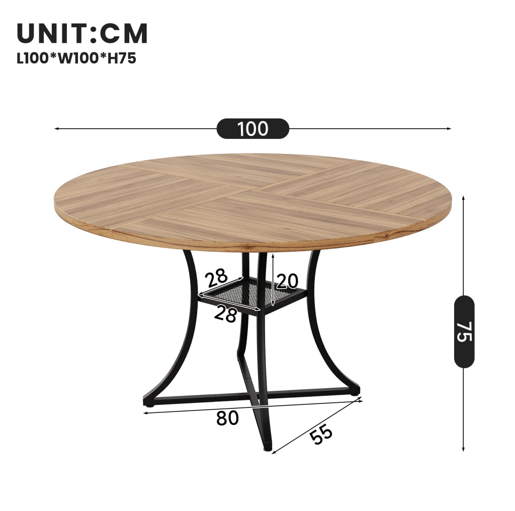 Tavolo rotondo da pranzo 100 cm in MDF effetto noce e metallo nero; con ripiano inferiore