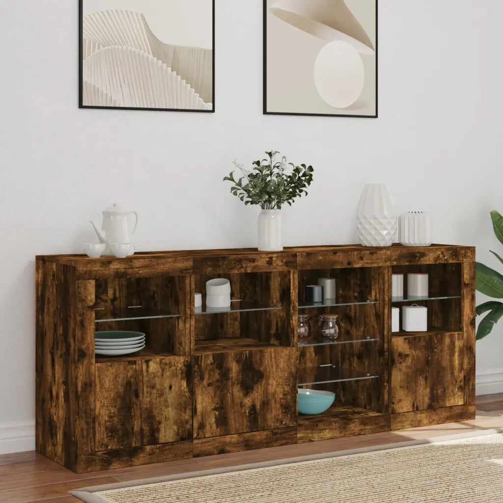 Credenza con Luci LED-Buffet-Armadio da cucina Rovere Fumo 164x37x67 cm