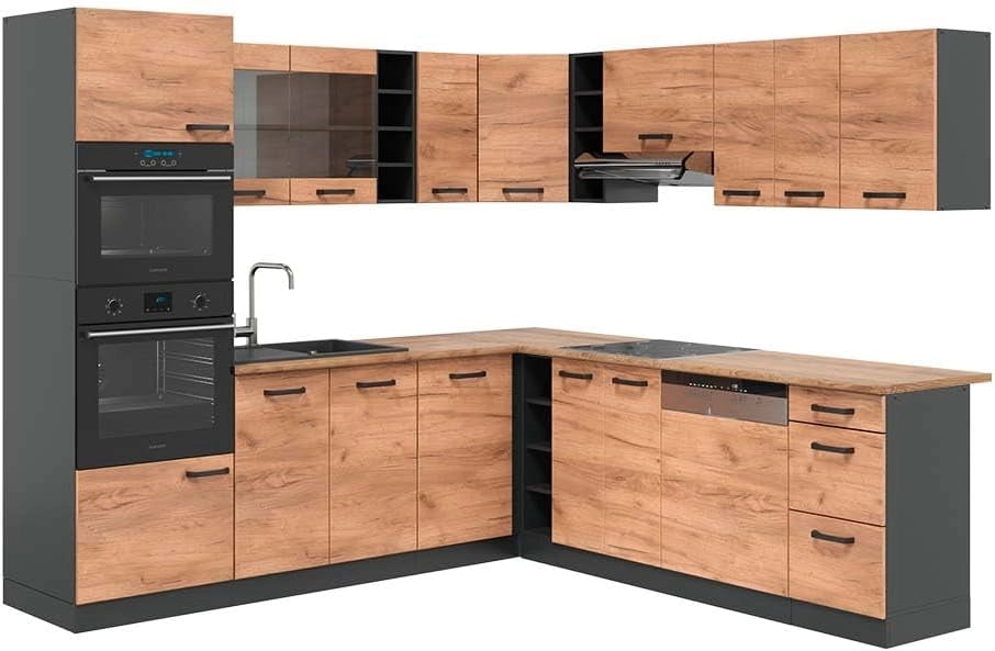 Cucina angolare completa R-Line, Antracite lucido, 247 x 60 cm, PL Antracite, per una pianificazione cucina flessibile e un'estensione modulare
