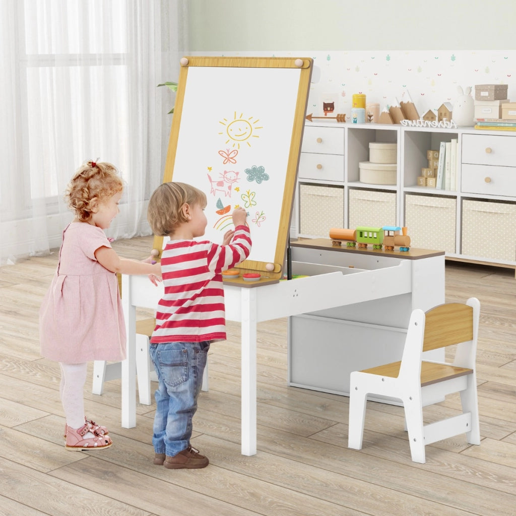 Tavolo multifunzione in legno con piano sollevabile rotolo di carta di stoccaggio-Set tavolo da disegno e cavalletto per bambini Naturale