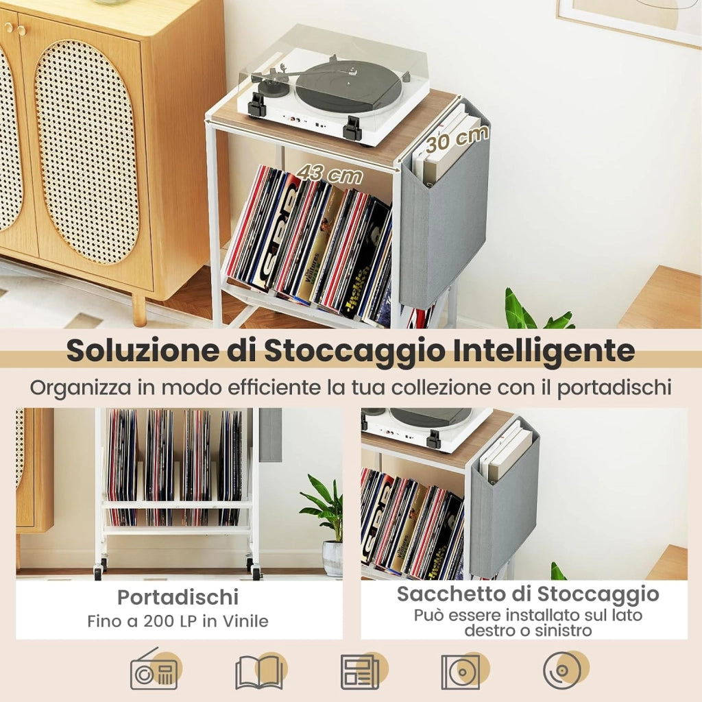 Supporto per Giradischi, Porta Dischi Vinili in Legno e Metallo, Mobile con Tasca Organizer e Ruote, Fino a 200 Album, per Soggiorno, Studio e Camera da Letto (Naturale + Bianco)