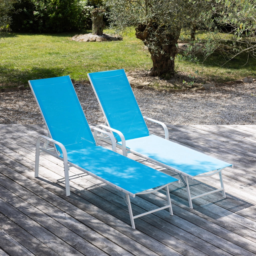 Set di 2 lettini SARDINIA in textilene blu - struttura bianca