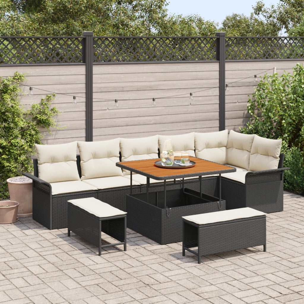 Set di divani da giardino di 9 pezzi con cuscini neri in polyrattan e acacia