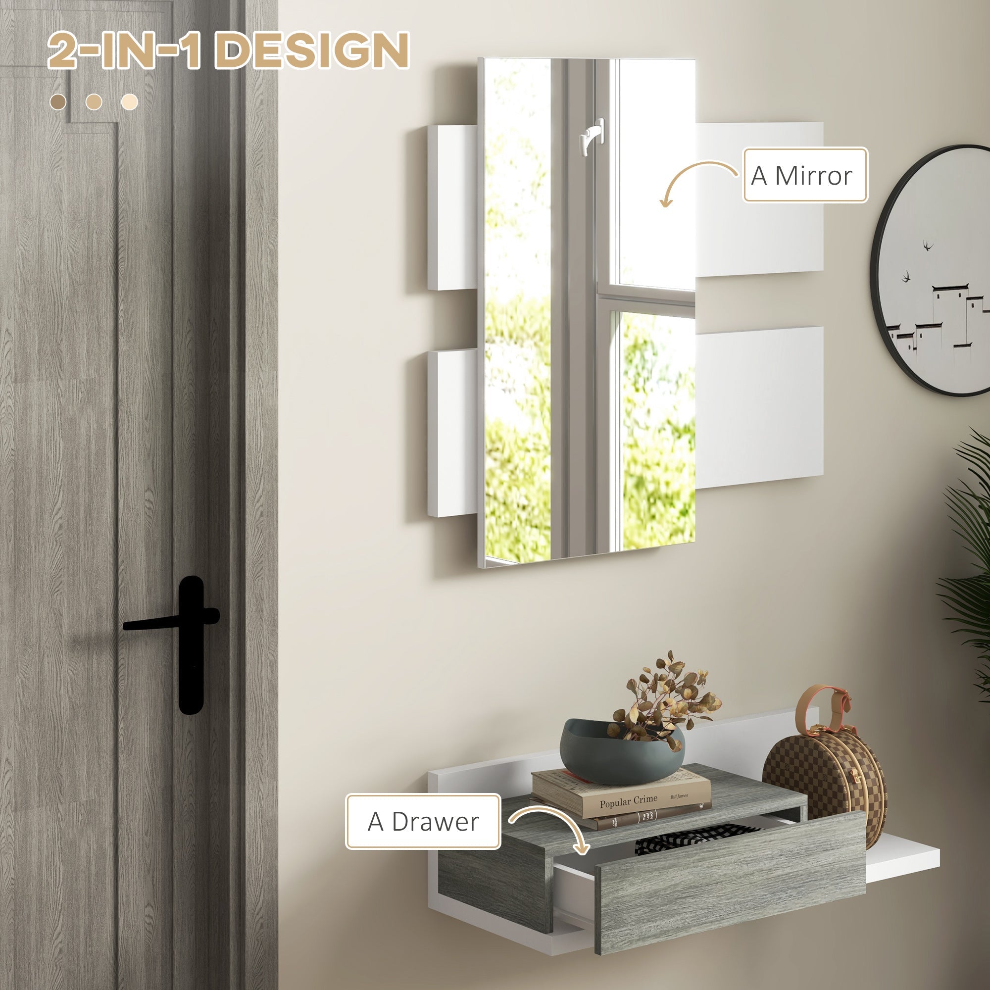 Mobile da Ingresso 2 in 1 con Specchio e Cassetto in MDF Grigio e Bianco