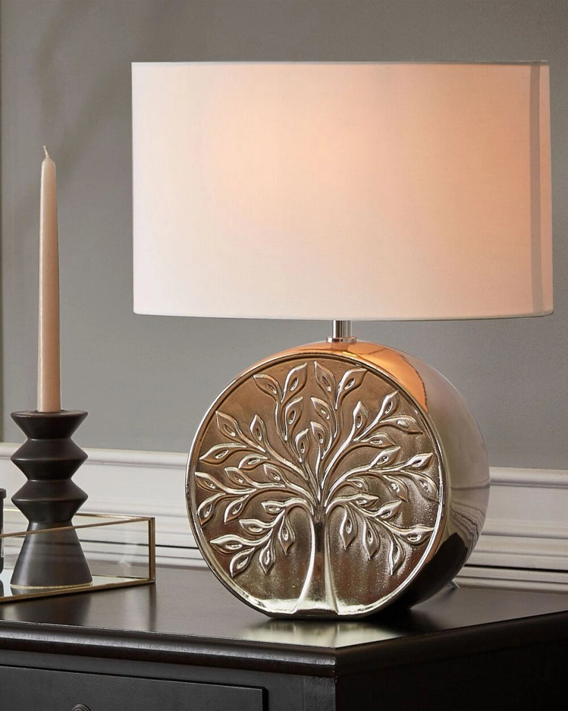 Lampada da Tavolo Argento Ceramica 49 cm Glam Luce Notturna Paralume Albero Motivo Lucido Camera da Letto Soggiorno