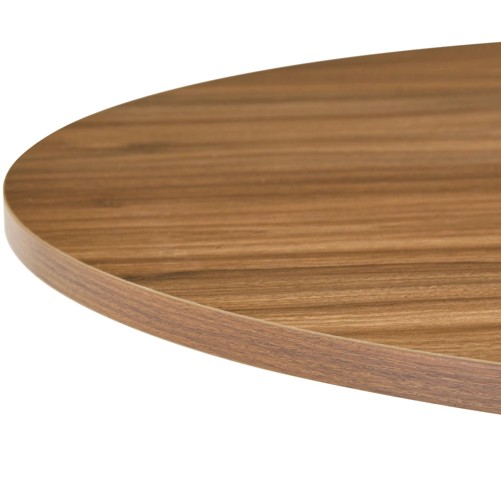 Tavolino rotondo moderno in MDF effetto noce e metallo cromato