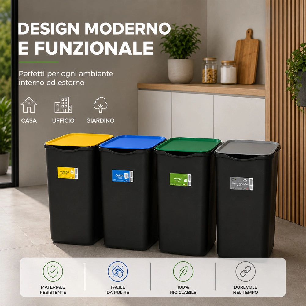 Set 4 Pattumiere Bidoni Raccolta Differenziata Spazzatura da 50 L 37.5x36x62 cm