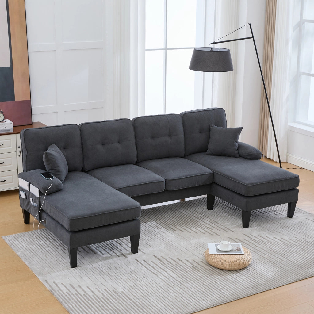 DIVANO U a 4 posti 250x130x88 cm in lino grigio scuro