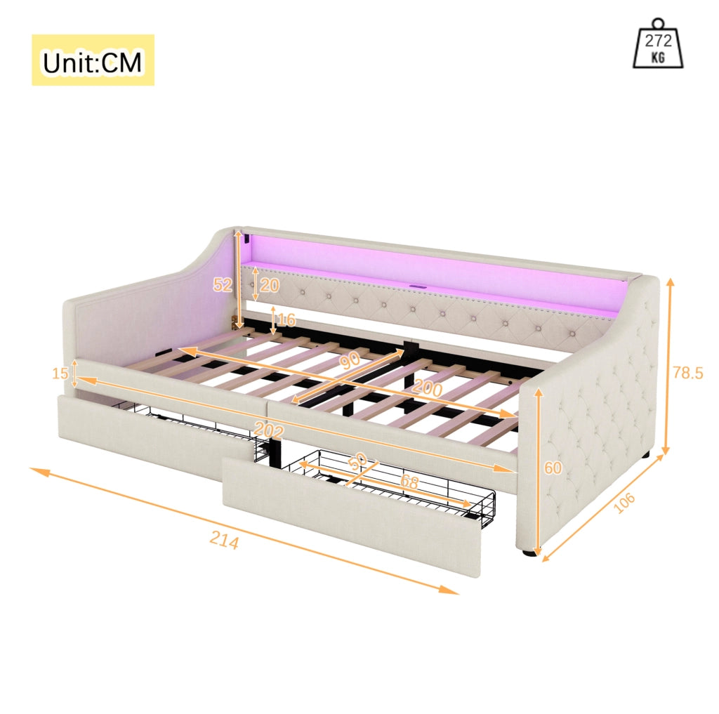 Divano letto 90x200 cm in lino beige con LED, USB e 2 cassetti
