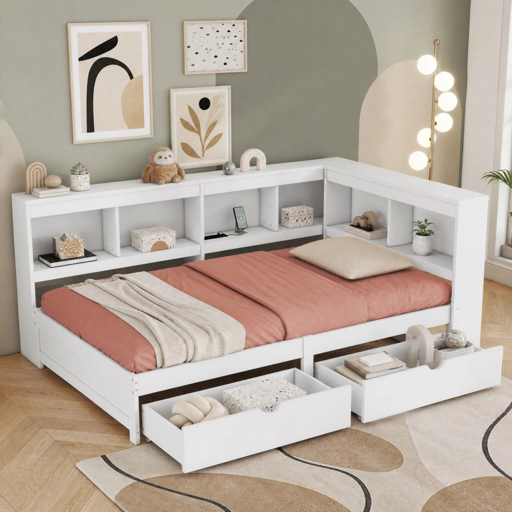 Divano letto 90x200 cm con 2 cassetti; presa e 2 porte USB; bianco