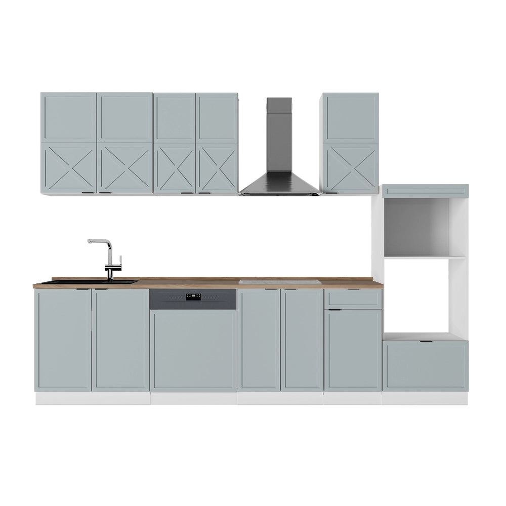 Vicco Cucina componibile Blu-grigio chiaro/bianco 300 cm con armadio alto, PL Rovere